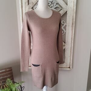 Alyx Women's Long Sleeve Ribbed Faux Leather Trim Sweater Knit Tunic in Beige